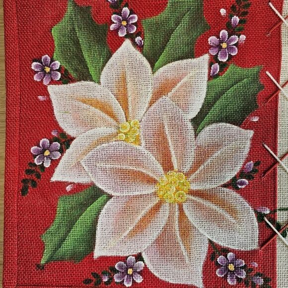 Hand-Made Tote Bag Christmas Jute Craft-Fabric Ribbon Flowers Hand Painted Gift - Picture 2 of 9